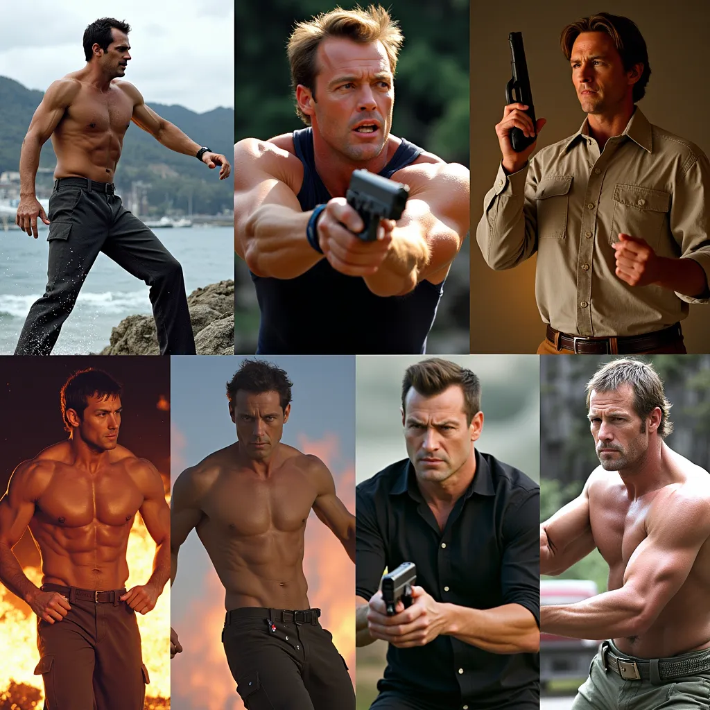 Collage showcasing intense moments from top male-driven action films, including high-speed chases, martial arts battles, and heroic stances.